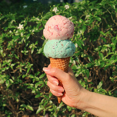 Two scoops of ice cream cone in woman's hand melting in the sunlight	
