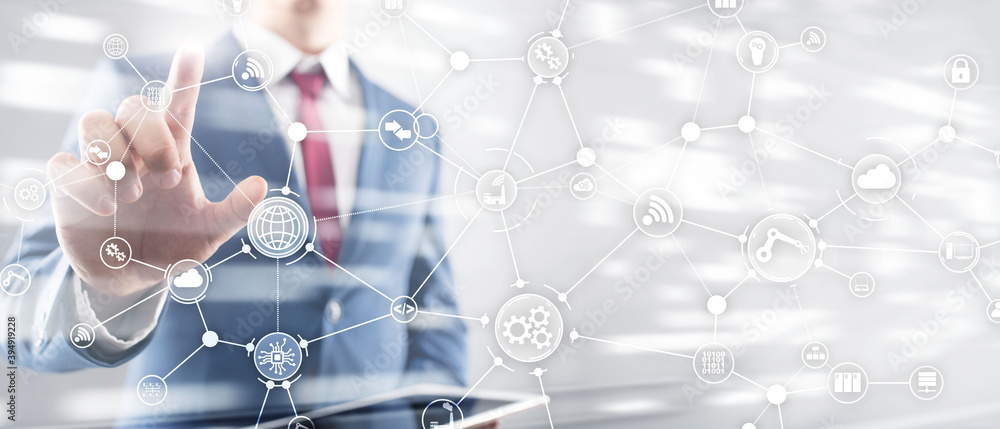Poster technology industrial business process workflow organisation structure on virtual screen. iot smart 