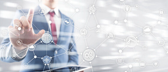 Technology industrial business process workflow organisation structure on virtual screen. IOT smart industry concept mixed media diagram.