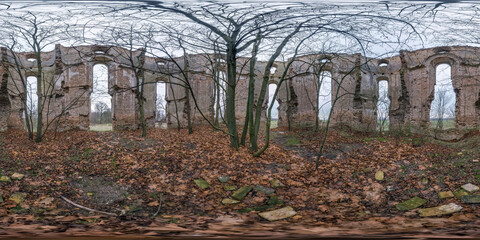Full seamless spherical hdri panorama 360 degrees inside ancient abandoned stone ruined building of...