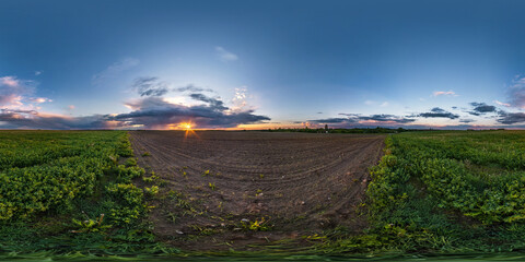 full seamless spherical hdri panorama 360 degrees angle view on among farm fields in autumn evening...