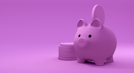 Inserting a coin into a piggy bank.3d render, illustration.