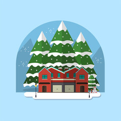 Fototapeta na wymiar Christmas House Icon with tree,mountain,snowVector Flat Background