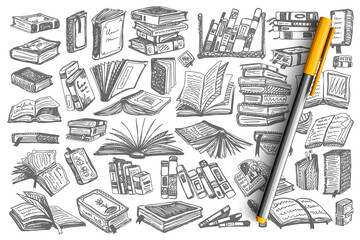 Books doodle set. Collection of book covers and pages of educational library school university textbook isolated on white background. Illustration of knowledge and education symbol.