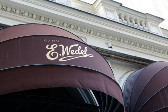 WARSAW/POLAND - OCTOBER 13, 2018: View on the E. Wedel - chocolate company logotype above the entrance to shop