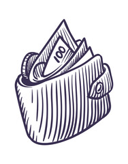 Hand drawn wallet. Shaded sketch of accessory for money. Financial transaction and accumulation or investment sign, payment or cash symbol. Purse with banknotes. Vector leather goods