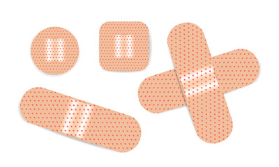 Set adhesive plaster isolated on white, adhesive plaster wound heal for icon. Adhesive bandage elastic medical plaster, stick tape elastic for cure first aid.