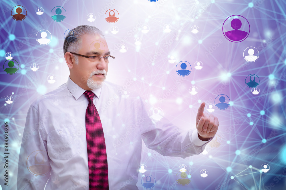 Poster man pressing virtual button on social network concept