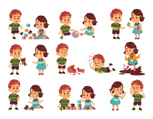 Good and bad children. Kids playing peacefully and fighting. Girl and boy communication. People spend time together. Human relationship, friendship and resentment. Vector childhood set