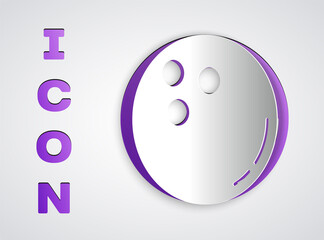 Paper cut Bowling ball icon isolated on grey background. Sport equipment. Paper art style. Vector Illustration.