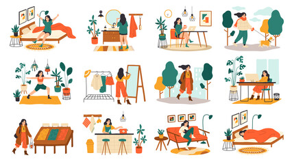 Everyday woman routine. Female daily activities and leisure performing collection, girls life days colorful scenes, ladies lifestyle sleeping and working and training. Flat cartoon vector set