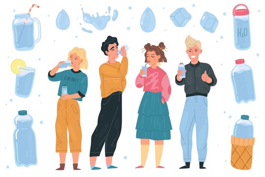 Drink more water. Young people taking water from glasses and bottles, girls and boys in drinking process, liquid containers, healthy lifestyle collection clear aqua concept vector set