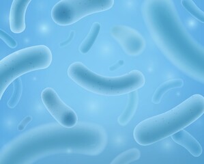 Probiotics. Microbacterium and therapeutic microscopic bacteria organism, lactobacillus for flora stomach, microbiology blue organic 3d macro spheres in liquid vector background