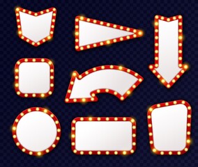 Vintage light arrows pointers. Shining retro design signs with bulbs around frames, vintage show lighted accessory, cinema and casino elements, mirror with lamps. Realistic vector set