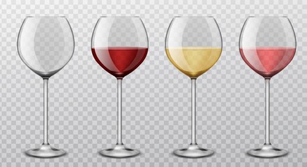 Realistic wine glasses. Different wine types red, white, pink alcoholic drinks collection, empty wineglass, restaurant glassware isolated on transparent background, product vector set