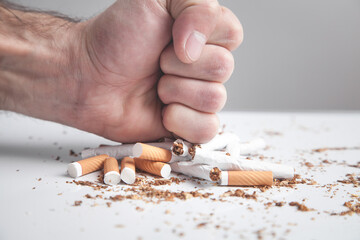 Male hand breaking a cigarettes. Quitting smoking