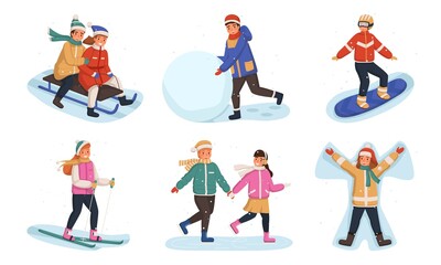 Fototapeta na wymiar Winter outdoor games. Smiling kids activity spend time in snow, young people snowboarding, sledding and skiing, snowman modeling and ice skating vector new year characters set