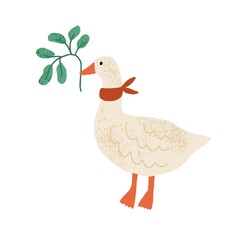 Funny goose with red collar on neck isolated on white background. Domestic bird holding green branch with leaves in beak. Hand drawn flat textured vector illustration