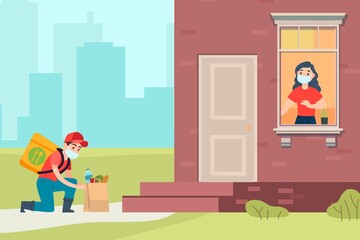Contactless grocery delivery concept. Products bag near door, courier and woman in medical masks, express shipping food, shopping service covid-19 pandemic, cartoon vector illustration