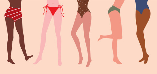 Woman legs and thighs in swimsuits. Vector illustration in nice natural colors. It can be used as banner for beauty and SPA site, blogs of depilation master, cosmetologist