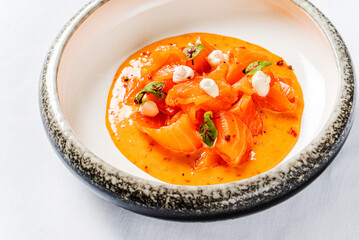 salmon ceviche on the white background.