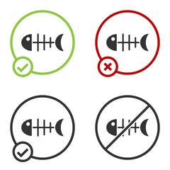 Black Fish skeleton icon isolated on white background. Fish bone sign. Circle button. Vector.