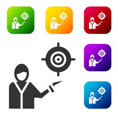 Black Marketing target strategy concept icon isolated on white background. Aim with people sign. Set icons in color square buttons. Vector.