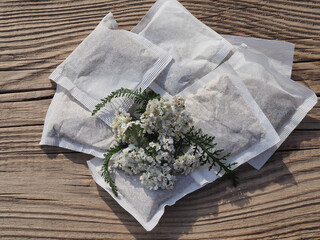 Medicinal herb Achillea millefolium with white flowers and filter tea bags for making a healthy drink, top view. Healing yarrow plant for use in alternative medicine and cosmetology