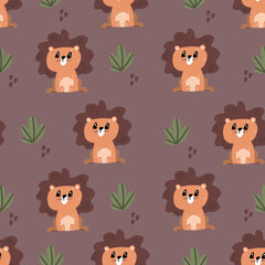 Seamless background with cute lion cub. Decorative cute wallpaper for the nursery in the Scandinavian style. Suitable for children's clothing, interior design, packaging, printing.
