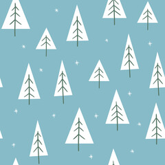 Seamless winter pattern with abstract Christmas trees and snowflakes. Vector Christmas illustration. Scandinavian style pattern. For the design of textiles, wrapping paper, wallpaper.