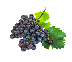 Bunch of black ripe grape green leaf isolated, white background with clipping path