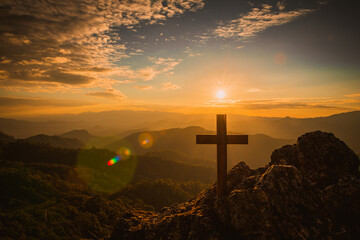 Naklejka premium The Crucifixion of Jesus Christ at Sunrise - Three Crosses On Hill. Religious Concepts