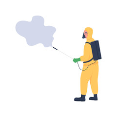 Disinfector with spray in protective uniform flat color vector faceless character. Epidemic cleaning. Sanitation precaution isolated cartoon illustration for web graphic design and animation