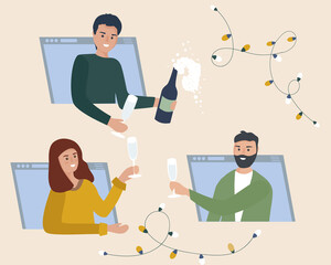 Online party. Friends drink wine, have fun in video chat. Each person goes on the Internet from his laptop. People in quarantine celebrate important events and holidays remotely. Video call. vector
