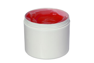 Closeup of a opened white plastic jar or container for cosmetic gel or cream isolated on a white background. Empty space. Macro.