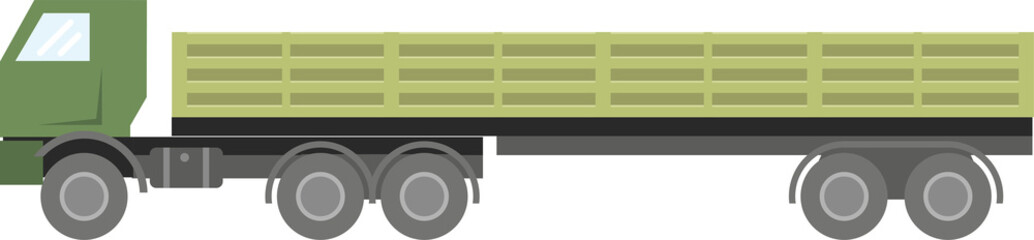 Military cargo vehicle, trailer isolated on white background. Transport for transportation, delivery of goods. Logistics concept, freight, international transport. Flat infographics. Vector