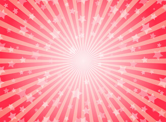 Sunlight rays background. Red color burst background with shining stars.