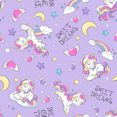 Art. Cute unicorn pattern. Little dreamer. Fashion illustration print in modern style for clothes or fabrics and books. Dream come true.