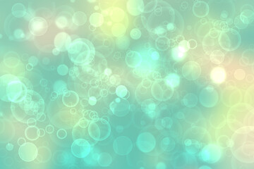 Abstract blurred fresh vivid spring summer light delicate pastel pink yellow turquoise bokeh background texture with bright circular soft color lights. Card concept. Beautiful backdrop illustration.