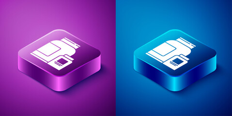 Isometric Sports nutrition bodybuilding proteine power drink and food icon isolated on blue and purple background. Square button. Vector.