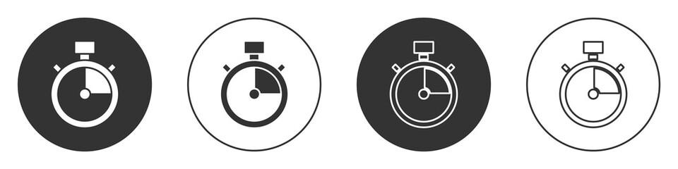 Black Stopwatch icon isolated on white background. Time timer sign. Chronometer sign. Circle button. Vector.