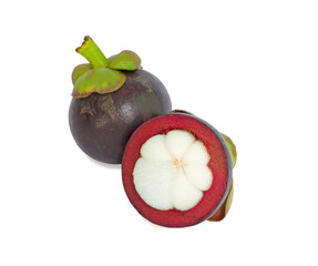 Two sweet Purple Mangosteens fruits, a part of half fruit peeled, dicut on white background