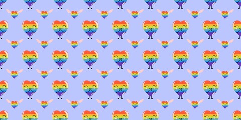 Rainbow hearts, seamless pattern for valentine's day lgbt, cartoon style, cute festive romantic background.
