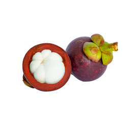 Purple Mangosteen fruits, a part of half fruit peeled, isolated, clipping path white background