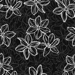 Seamless vector pattern with flowers on black. Floral abstract background. Perfect for design templates, wallpaper, wrapping, fabric and textile. Monochrome. Outline.