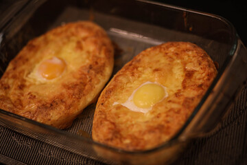 hot khachapuri, cheese pie, Georgian dish, homemade cakes