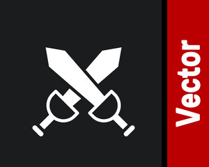 White Crossed medieval sword icon isolated on black background. Medieval weapon. Vector.