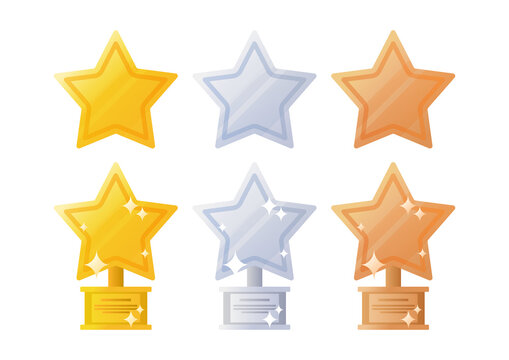 Collection Of Different Star Medal. Medal Icon Set Isolated On White. Gold, Silver And Bronze Badge.