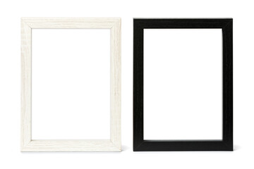 Black and white wooden vertical  picture frames isolated with clipping path on white background