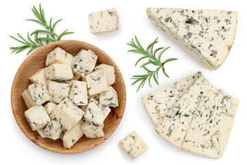 Blue cheese slices with rosemary isolated on white background with clipping path . Top view with copy space for your text . Flat lay. - obrazy, fototapety, plakaty